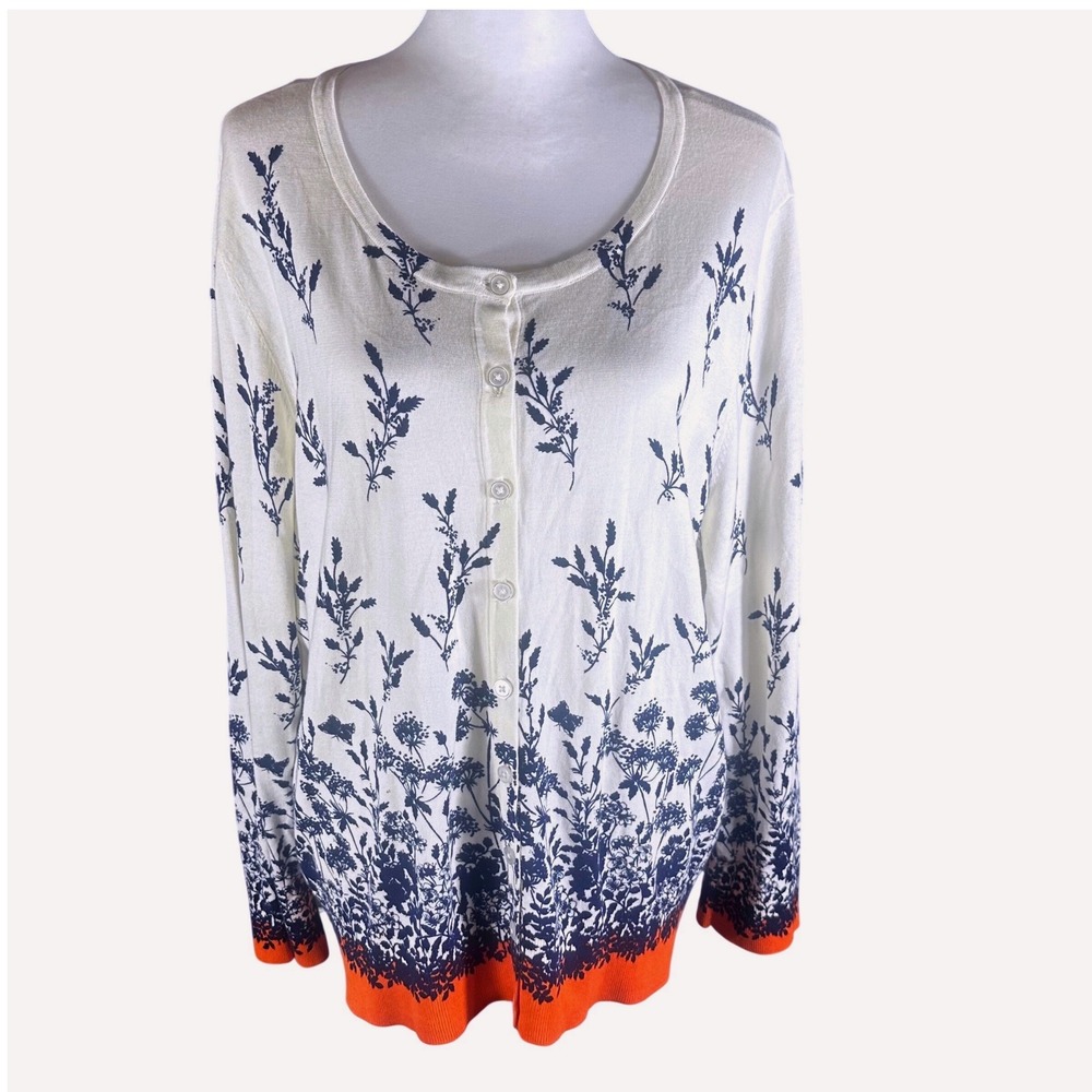 Talbots Cardigan Women 2X White Blue Orange Floral Botanical Button Front Knit